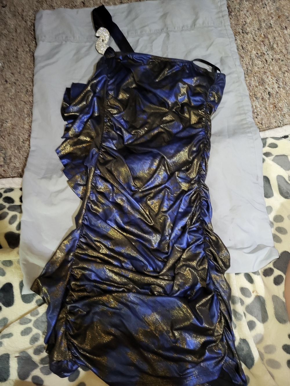 Taboo One-Shoulder Metallic Blue and Gold Ruffle Dress